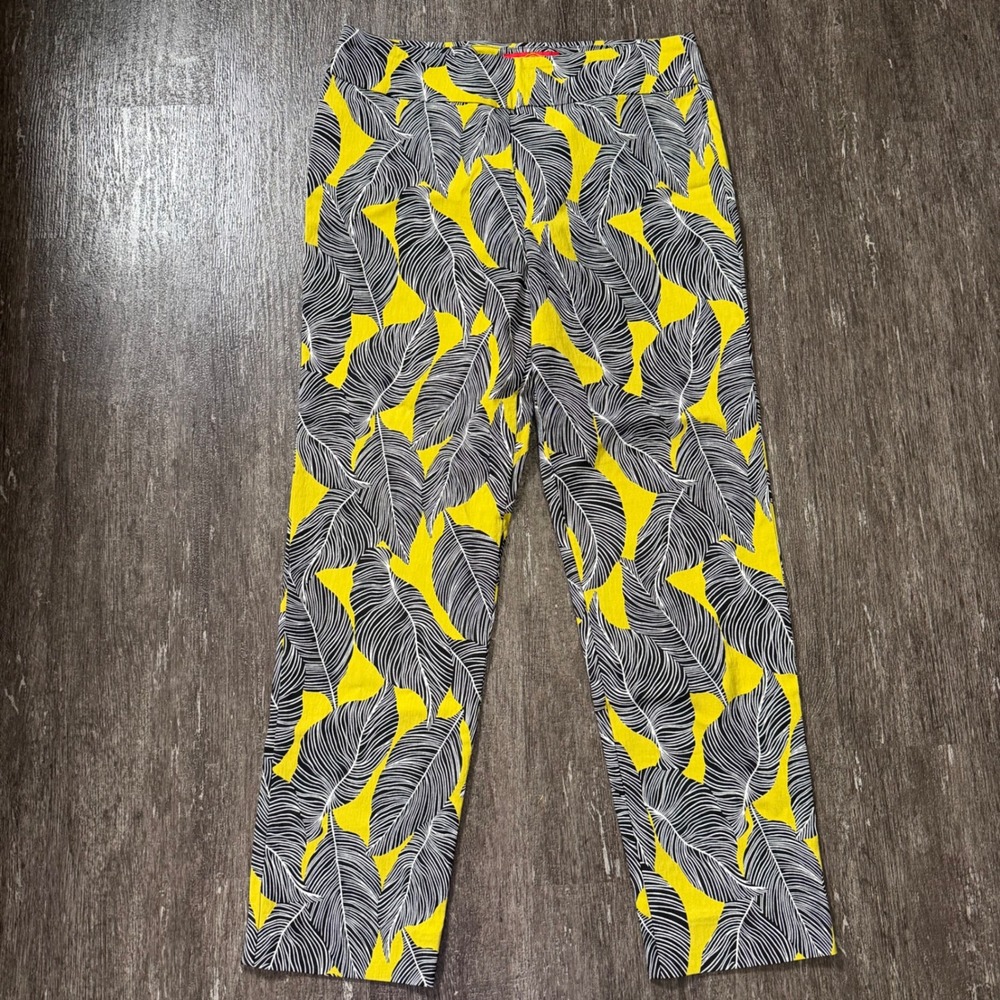 Krazy Larry Pull On Pants 10 Yellow Black Tropical Leaf Print Ankle Stretch